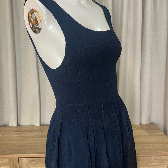 Navy Blue Sleeveless Smocked Jacquard Fit & Flare Dress Ribbed Embroidered - Picture 6 of 9
